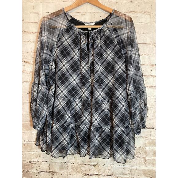 Terra & Sky Babydoll Top Womens 1X Gray Plaid Mesh Balloon Sleeve Ruffle Boho - Picture 1 of 12